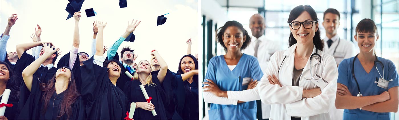 high school graduates tossing caps in the air and five confident and smiling medical professionals